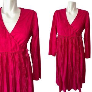 Nicobar Womens Pink Wrap Long Sleeve Crinkle Pleat Dress Size Medium Cotton